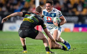 Warriors hooker Nathaniel Roache's knee gives way during the match against Penrith.