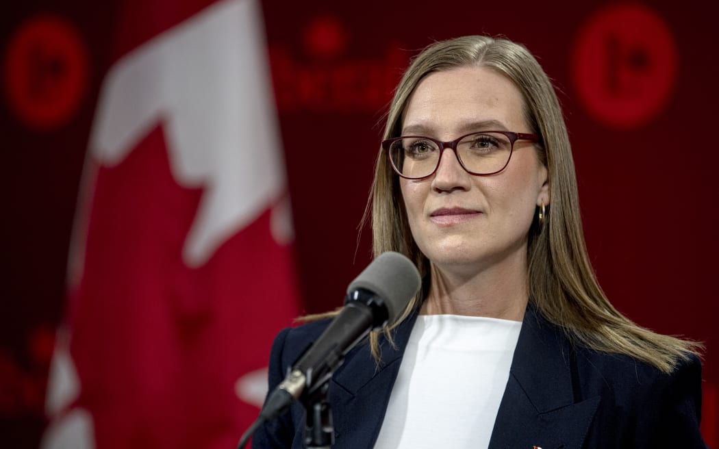 Karina Gould, former House Leader, speaks during a press conference following the second night of debate in the federal Liberal leadership race to replace Canadian Prime Minister Justin Trudeau at the MELS studios in Montreal, Canada, on February 25, 2025. (Photo by ANDREJ IVANOV / AFP)
