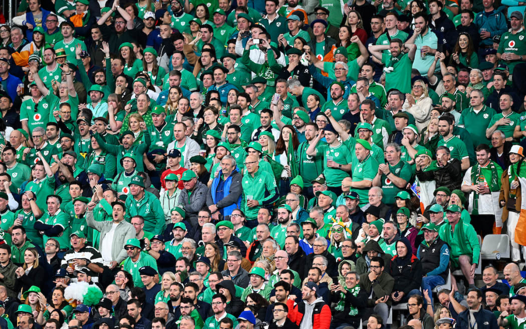 Ireland fans and supporters during the Rugby World Cup France 2023, Ireland v New Zealand All Blacks Quarter Final match at Stade de France, Saint-Denis, France on Saturday 14 October 2023.