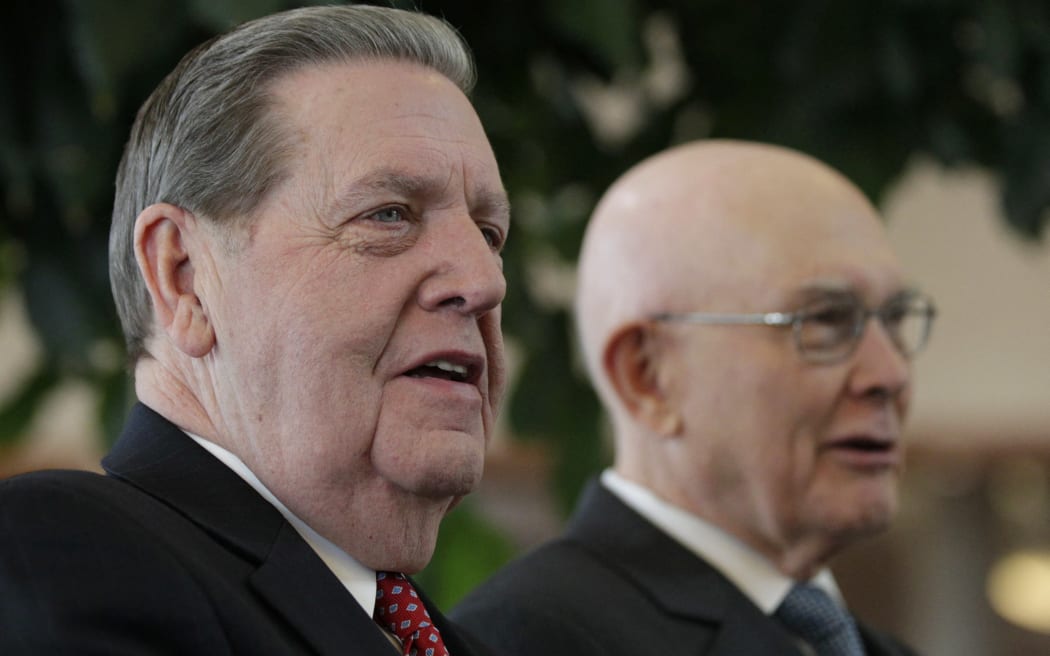 Mormon Apostles Jeffrey Holland (L) and Dallin Oaks (R) on 27 January, 2014 in Salt Lake City, Utah