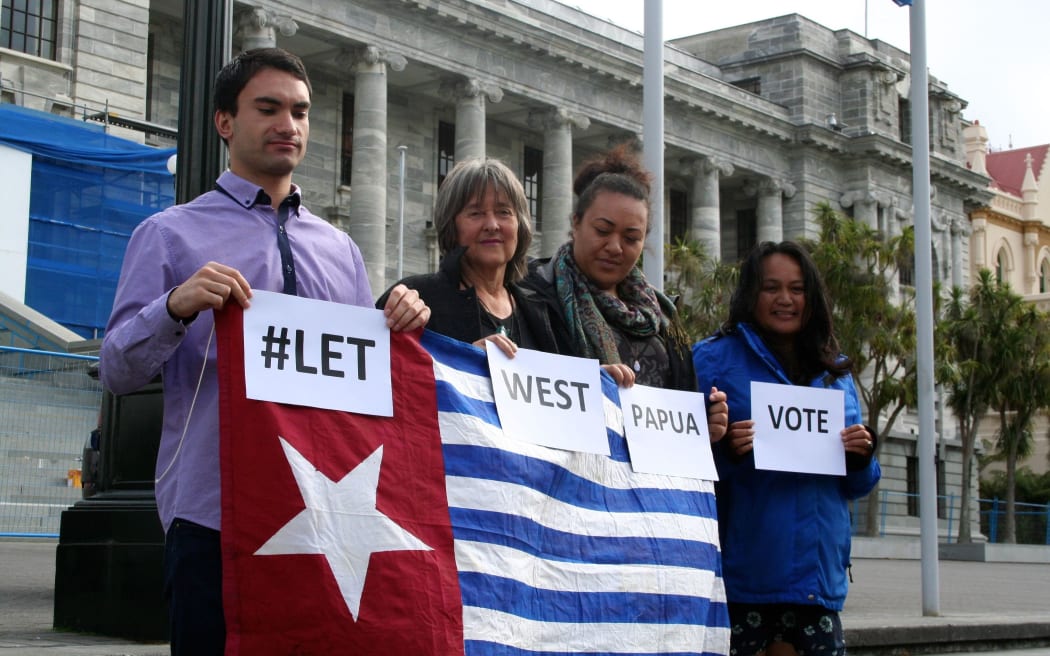 NZ Green MP Catherine Delahunty (second from left) at a small protest for West Papua outside New Zealand's parliament on Tuesday.
