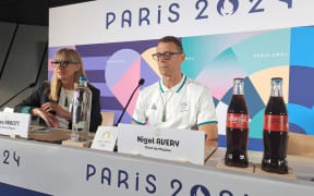 Chef de mission Nigel Avery at a media conference at the Paris 2024 Olympics.