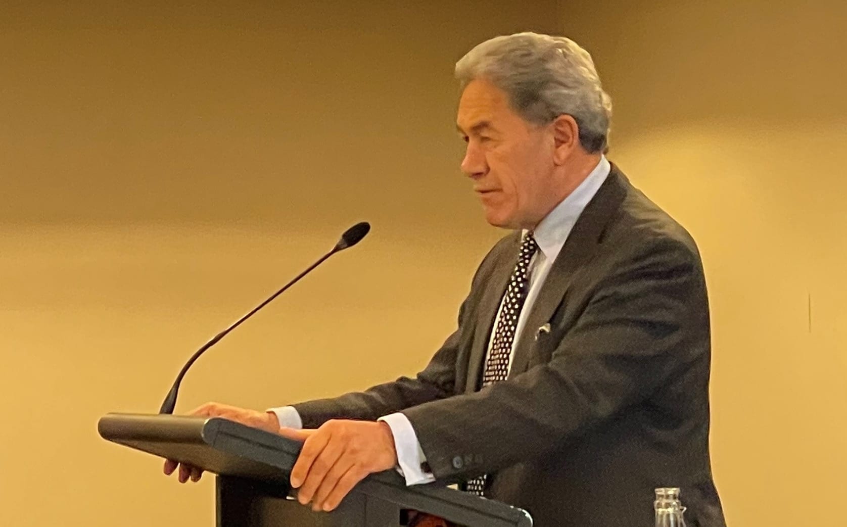 New Zealand First leader Winston Peters speaking at the party's AGM on 20 June, 2021.