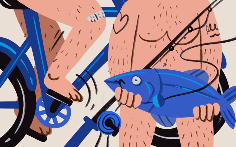 Illustration of a nude cyclist and a nude fisherman.