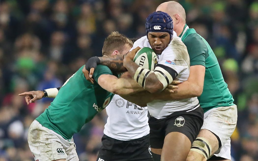 Fiji wing Nemani Nadolo is tackled during the test against Ireland.