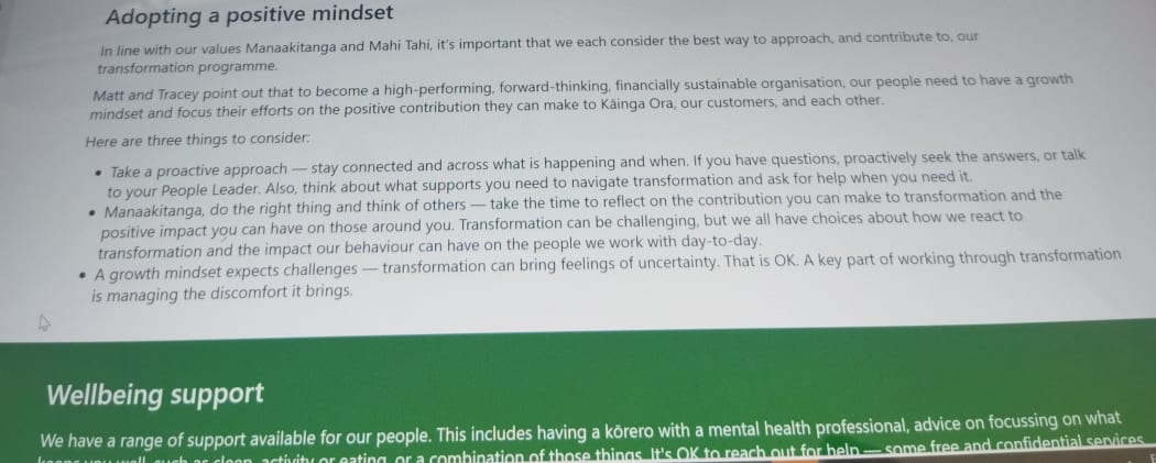Copies of information given to Kāinga Ora staff via the intranet.