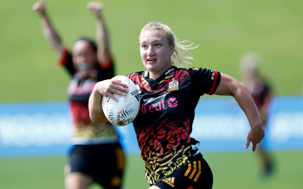 Georgia Daals of Waitomo Chiefs Manawa runs over to score a try during the Blues Women v Chiefs Manawa Sky Super Rugby Aupiki game at North Harbour Stadium, Auckland, New Zealand on Saturday 4 March 2023. Mandatory credit: Lynne Cameron / www.photosport.nz