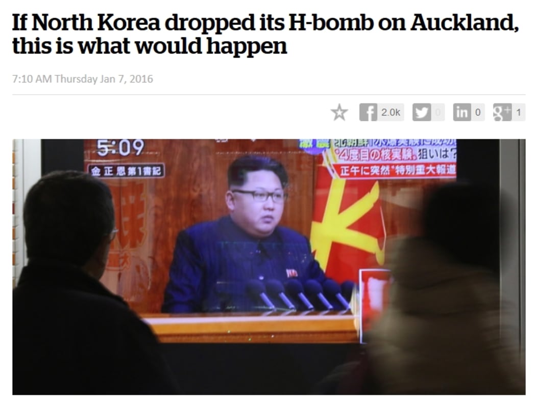 Screenshot of New Zealand Herald headline: "If North Korea dropped its H-bomb on Auckland, this is what would happen"