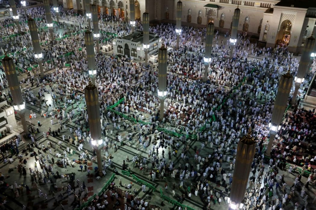 MEDINA, SAUDI ARABIA - AUGUST 19: Muslims pray at Masjid al-Nabawi after completing the hajj pilgrimage in Medina, Saudi Arabia on August 19, 2019.