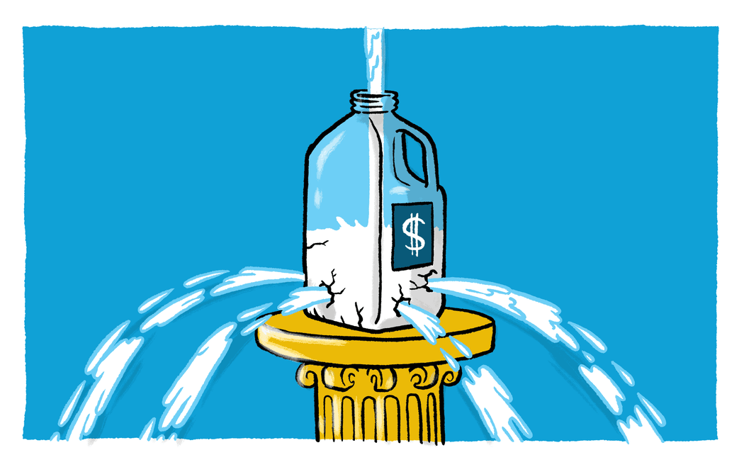 Milk pours from holes in the side of a 2L bottle of milk with a dollar sign on it
