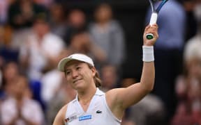 Lulu Sun of New Zealand reacts after winning the ladies’ singles 4th round match against Emma Raducanu of United Kingdom on the day 7 of the Wimbledon tennis championships at All England Lawn Tennis and Croquet Club in London, United Kingdom on July 7, 2024. Lulu Sun won the match to advance to quarterfinals.( The Yomiuri Shimbun ) (Photo by Takuya Matsumoto / Yomiuri / The Yomiuri Shimbun via AFP)