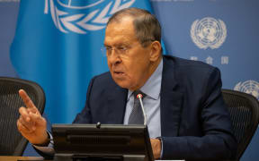 Russian Foreign Minister Sergei Lavrov speaks to the press after addressing the 77th session of the United Nations General Assembly at UN headquarters in New York City on September 24, 2022. - Lavrov bitterly criticized Western nations Saturday for their "grotesque" fear of Russia, telling the United Nations that such states were seeking to "destroy" his country.