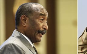 (COMBO) This combo of file photos shows a picture of Mohamed Hamdan Daglo (R), leader of Sudan's large and heavily-armed paramilitary Rapid Support Forces (RSF), taken on June 15, 2019 in the village of Qarri and one dated September 26, 2020 of Sudan's Sovereign Council chief General Abdel Fattah al-Burhan addressing a conference in Khartoum. Explosions rocked the Sudanese capital Khartoum on April 18, 2023 as fighting that has claimed nearly 200 lives entered a fourth day, despite growing international calls for an end to hostilities. (Photo by AFP)