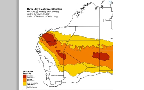 A Bureau of Meteorology map showing the three-day heatwave situation for Western Australia, issued Sunday 21 January 2024.