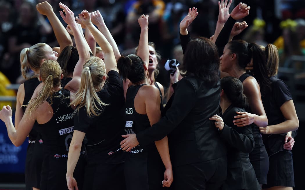 The Silver Ferns celebrate their semi-final win over England at the 2015 Netball World Cup.