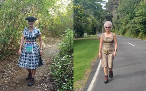 A composite image with two different photos of Jacqui in vintage dresses walking outside.