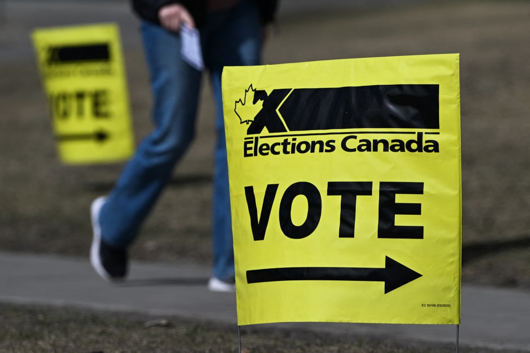 EDMONTON, CANADA – APRIL 20:
An Elections Canada signs are visible in front of one of the polling stations in the Edmonton Gateway riding district, in Edmonton, Alberta, Canada on April 20, 2025.
Advance voting for the 45th Canadian General Election takes place from April 18–21 across the country, including through the Easter long weekend. (Photo by Artur Widak/NurPhoto) (Photo by Artur Widak / NurPhoto / NurPhoto via AFP)