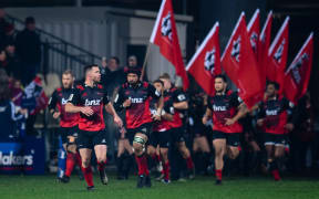 Crusaders Ryan Crotty and Jordan Taufua run on to the paddock during the semi final, against the Chiefs.