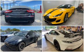Four cars, a Maserati, Ferrari, Tesla and Porsche.