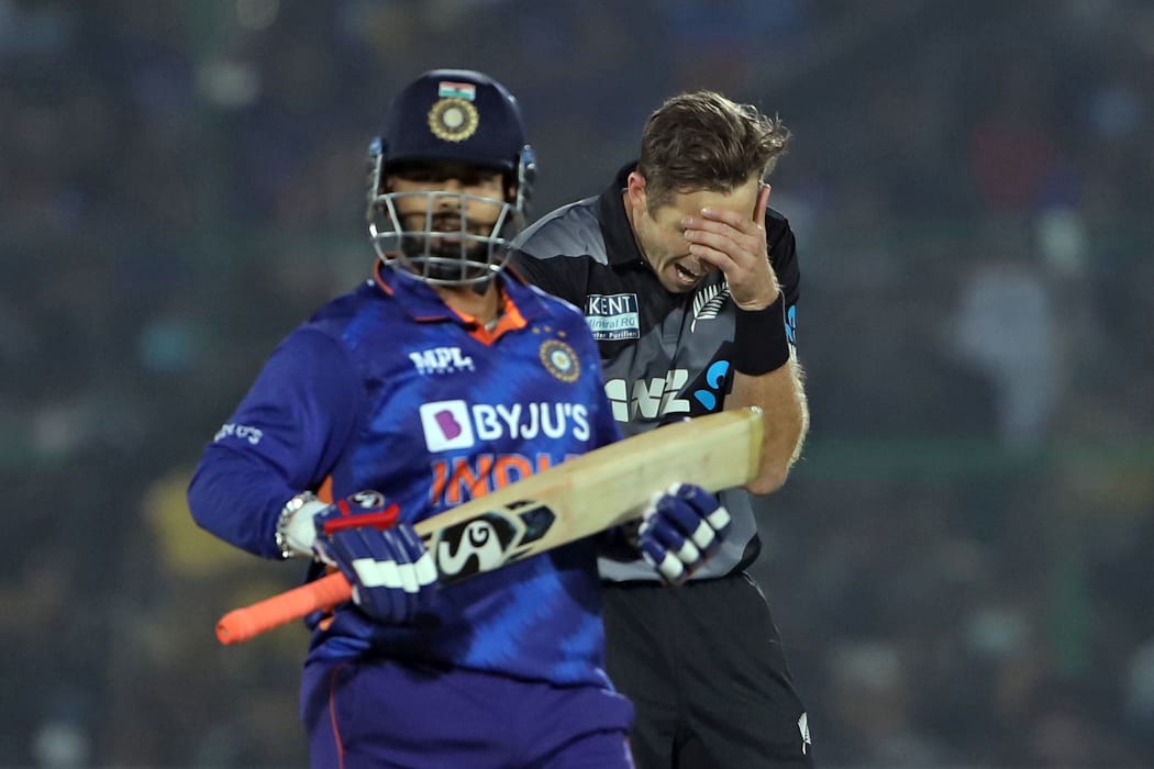 Tim Southee (captain) of New Zealand reacts during the 1st T20 at Jaipur, India 2021