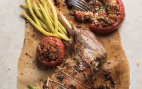 Summer Leg of Lamb & Roasted Stuffed Tomatoes with Butter Beans