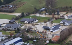 An aerial photo shows flooding at a new subdivision near Outram after the heavy rain over the weekend
