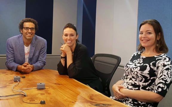 Jacinda Ardern, Geoff Simmons and Julie-Ann Genter in RNZ's Auckland studio for a live debate, ahead of this weekend's Mount Albert by-election.