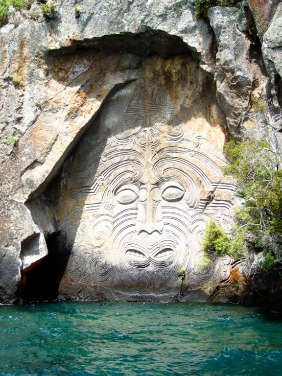 The stone sculpture on Lake Taupo carved by Matahi Whakataka-Brightwell.