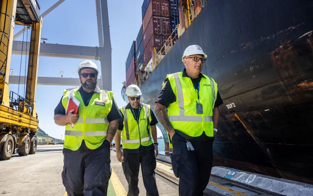 Customs port manager Jamie Hickey and supervising Customs officers Glenn and Jarrod at the Port of Tauranga.
