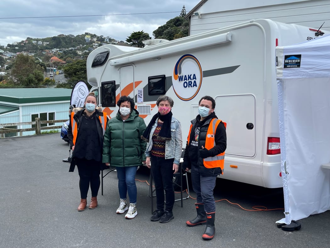Kahungunu Whānau Services’ Rochelle Gibbs, CEO Ali Hamlin-Paenga, Strathmore Park Community Centre manager Fiona Prestidge, and Kahungunu Whānau services’ Dominic Blake were operating a mobile vaccination clinic called Waka Ora at Strathmore Park Community Centre yesterday.