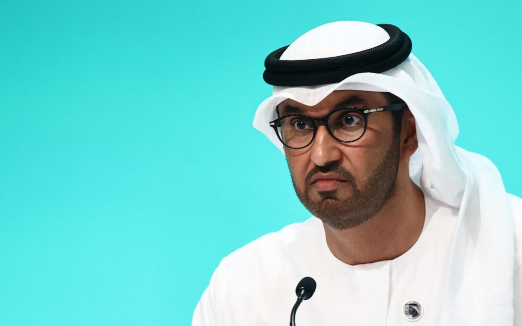 COP28 President Dr Sultan Al Jaber during the opening press conference of the United Nations Climate Change Conference COP28 in Dubai, United Arab Emirates on November 30, 2023. (Photo by Jakub Porzycki/NurPhoto) (Photo by Jakub Porzycki / NurPhoto / NurPhoto via AFP)
