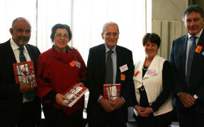 From left, Māori Development Minister Te Ururoa Flavell, Te Kāhui Amokura chair Lynda Smith, Massey Professor Emeritus Sir Mason Durie, Universities NZ chair Harlene Hayne and New Zealand Chancellors Committee chairman John Ward at the launch of the book Fire That Kindles Hearts: Ten Maori Scholars.