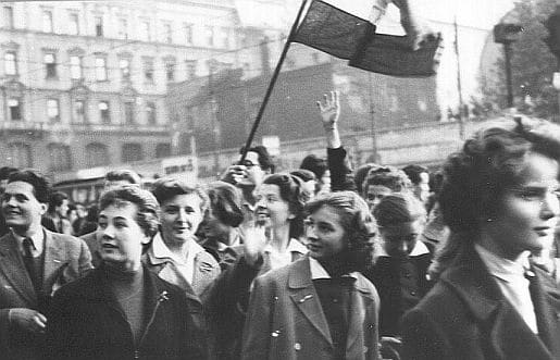 Students protest in the first day of the Hungarian uprising in 1956.