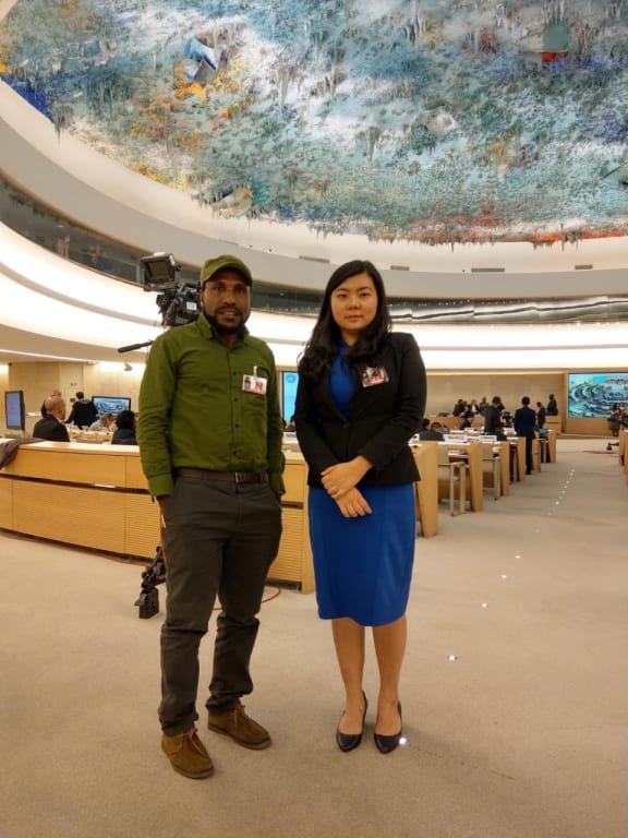 KNPB's Victor Yeimo and lawyer Veronica Koman at the UN Human Rights Council in Geneva