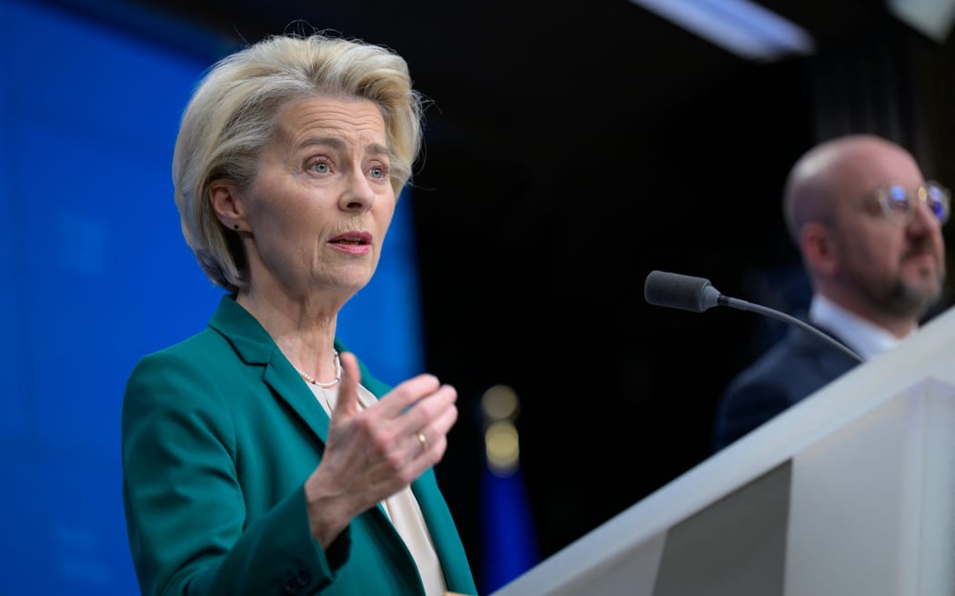 European Commission President Ursula von der Leyen is giving a press conference after the end of the two-day special summit, where EU leaders are discussing economic and competitiveness issues, Ukraine, Turkiye, the Middle East, and Lebanon, in Brussels, Belgium, on April 18, 2024. (Photo by Jonathan Raa/NurPhoto) (Photo by Jonathan Raa / NurPhoto / NurPhoto via AFP)