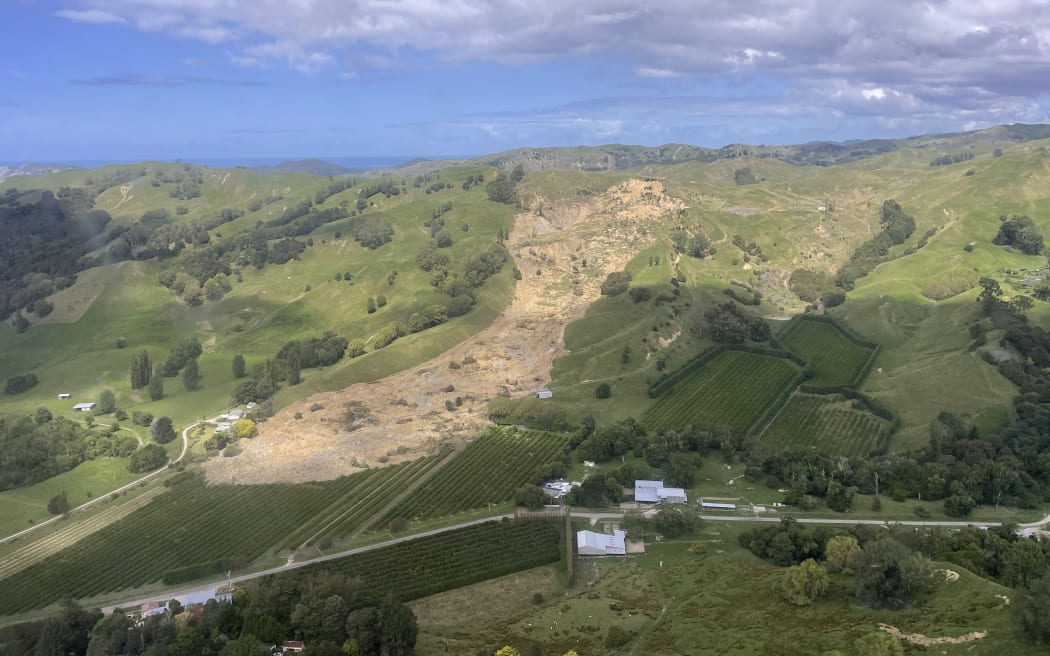 A massive slip seen from a Civil Defence fly over areas near Gisborne, as experts assessed the damage from Cyclone Gabrielle, on 18 February, 2023.