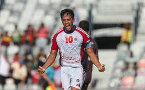 Tahiti United's Teaonui Tehau celebrates scoring a goal from the spot. OFC Pro League 2026, Tahiti United v Bula FC, Santos National Football Stadium, Papua New Guinea, Sunday 8 February 2026. Photo: Shane Wenzlick / www.phototek.nz