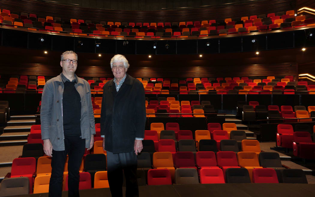 Lester McGrath and Gordon Moller on the stage at the new ASB Waterfront Theatre