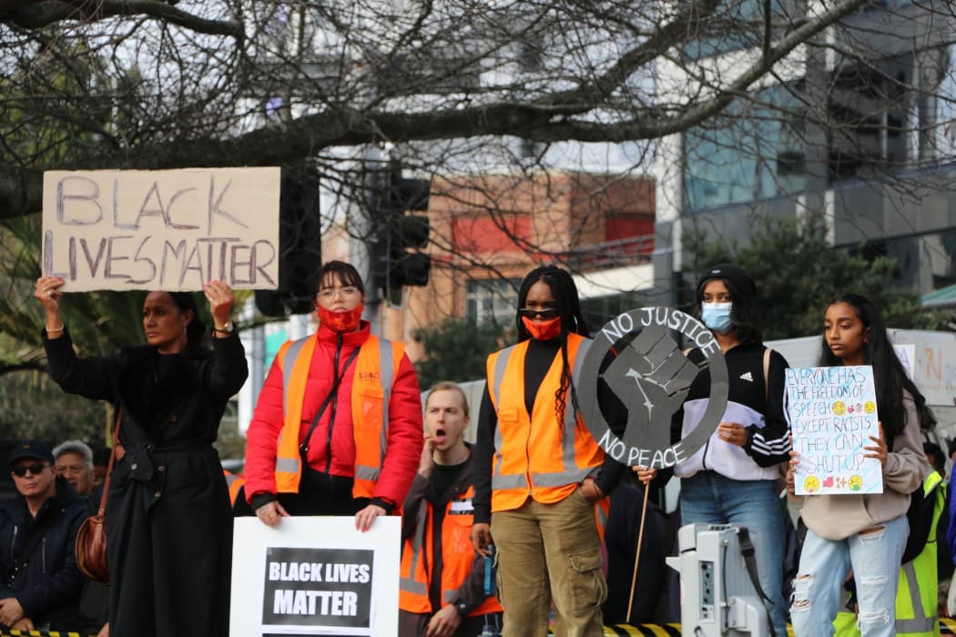 Protesters gathered in Aotea Square, Auckland with their signs for the Black Lives Matter rally on 14 June, 2020.