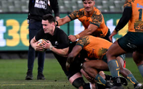 Will Jordan scores a try for the All Blacks in the Rugby Championship 2023 and Bledisloe Cup Test match between Australia and New Zealand at the MCG in Melbourne.