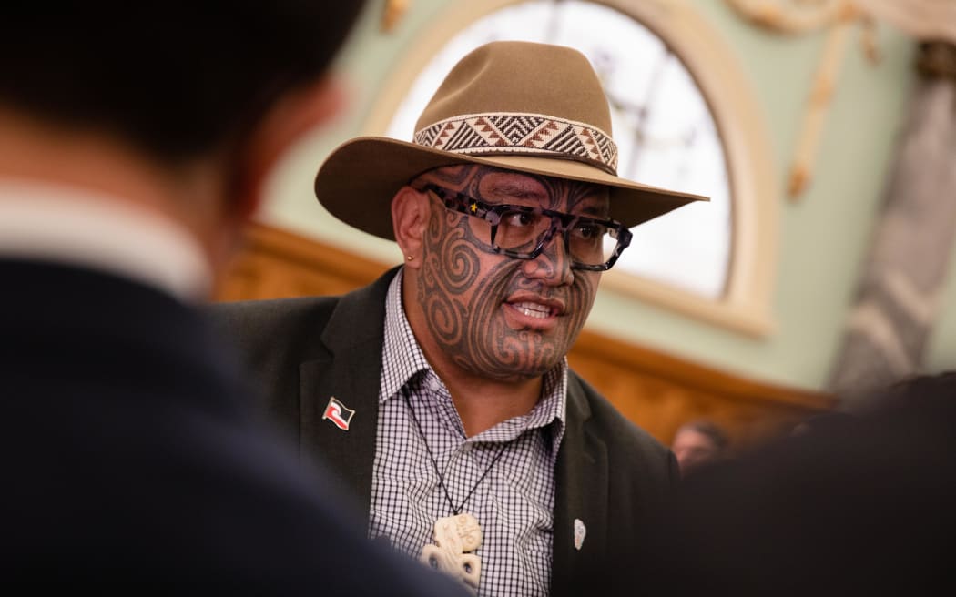 Rawiri Waititi speaking to media at Parliament