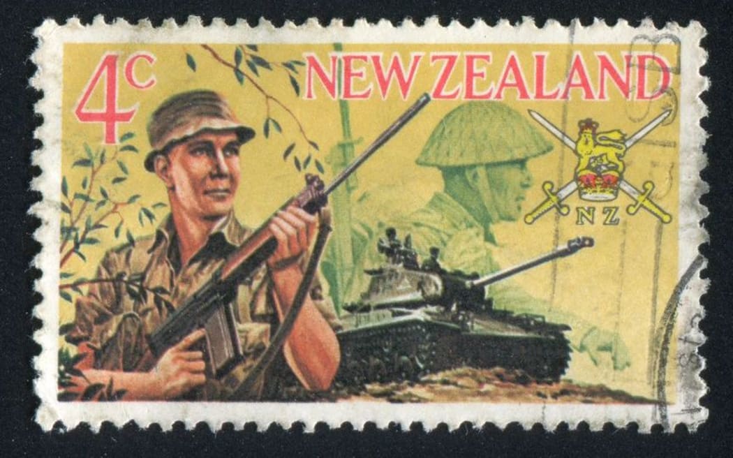 NZ stamp shows soldiers of two eras and tank, circa 1968.