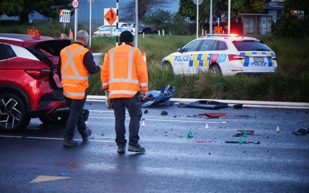 Emergency services at the site of a serious crash near Auckland Airport on 30 July, 2025.