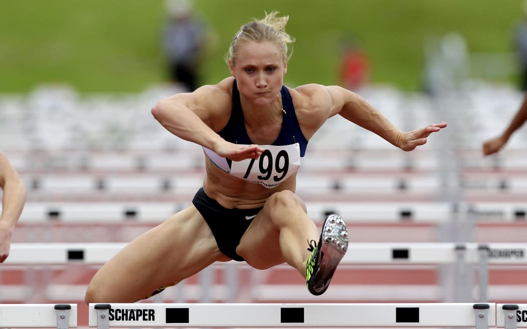 Andrea Hams (nee Miller) during the 110m during the New Zealand Track and Field Championships