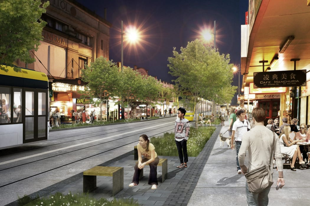 An artist's visualisation for Auckland Transport of light rail in Balmoral.