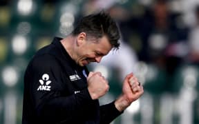 New Zealand's Michael Bracewell celebrates after taking a Bangladesh wicket, Champions Trophy, 2025.