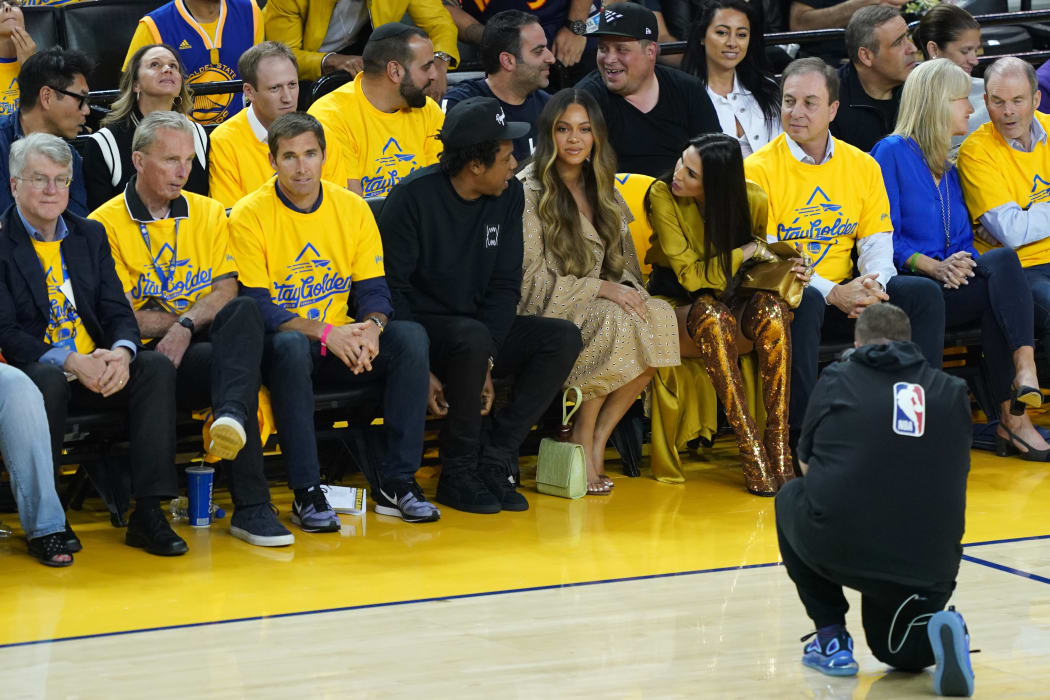 Jay-Z and Beyonce attend Game Three of the 2019 NBA Finals between the Golden State Warriors and the Toronto Raptors.