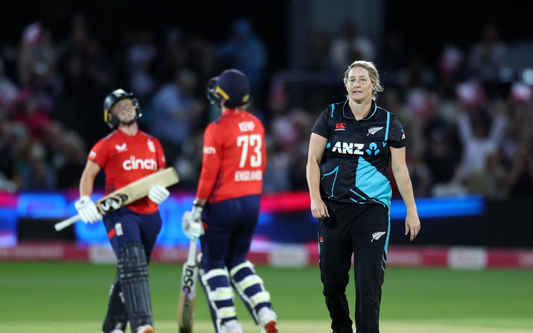 Sophie Devine, the New Zealand captain, is dejected at the end of the game after England won the third T20 at Canterbury in England.