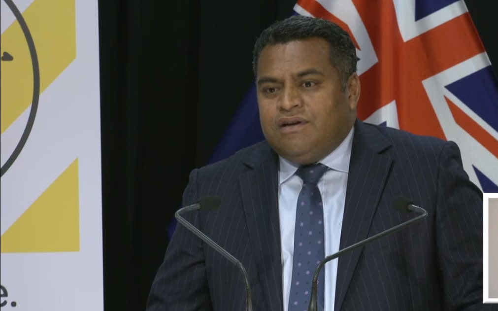 Broadcasting and digital media minister Kris Faafoi at Thursday's live-streamed announcement.