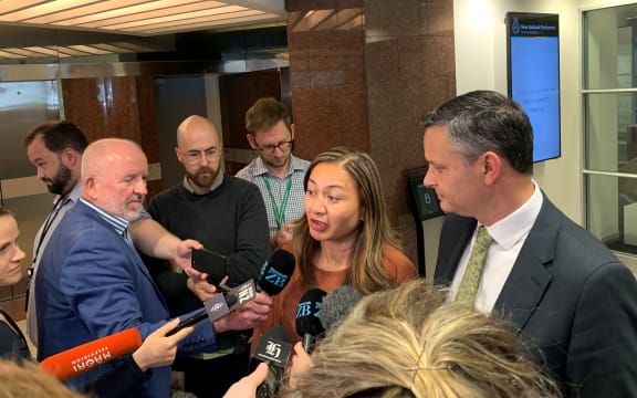Greens co-leaders James Shaw and Marama Davidson talk to media following discussions with Labour.